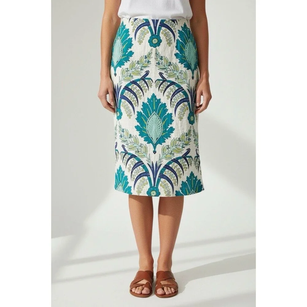 Sundance Linen Midi Skirt Graceful Verenia Teal Blue Floral Damask Boho 12 Lined